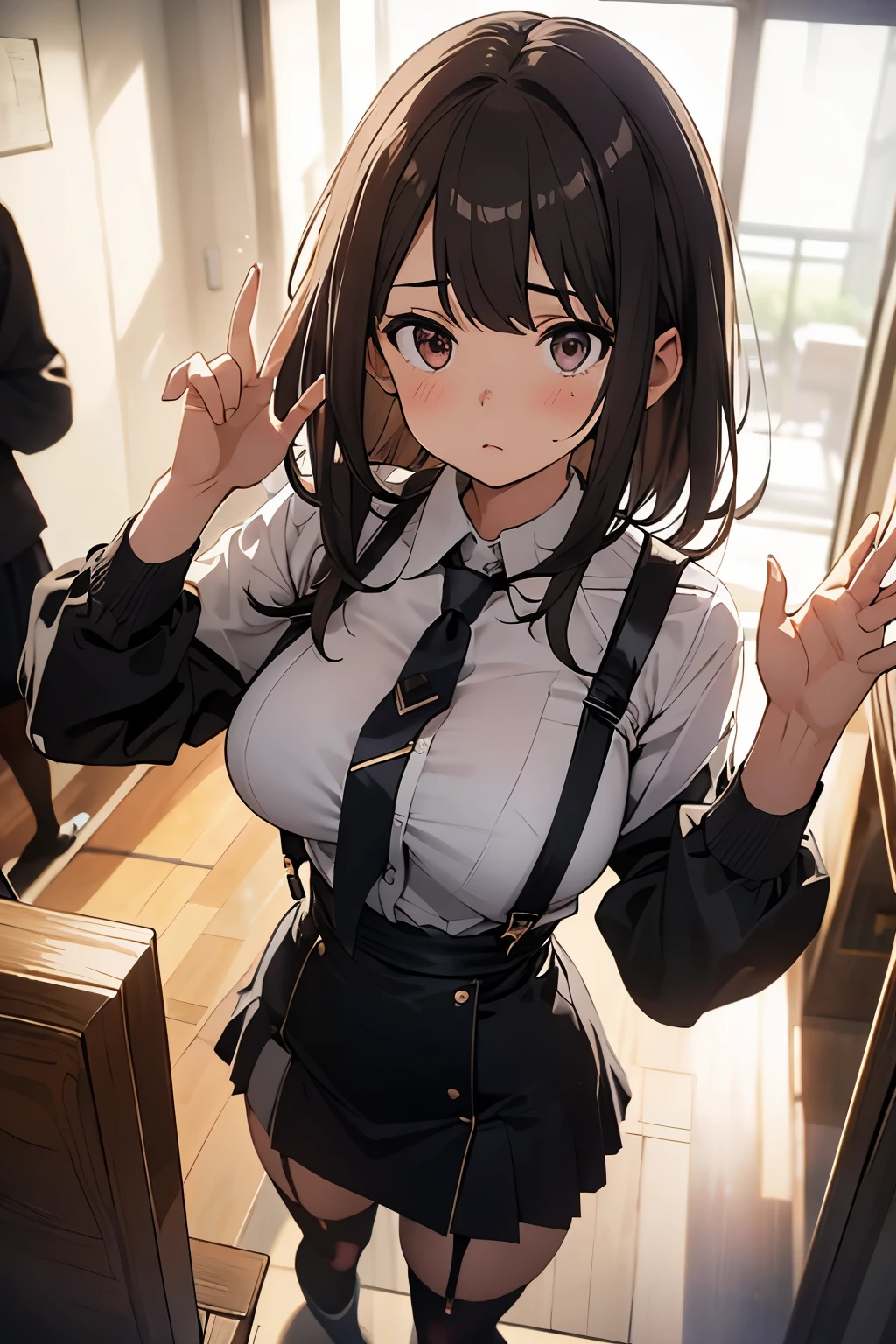 brown hair、looking at the viewer suspenders Bulging big breasts Black miniskirt garter belt knee high socks Gaze small face bangs Beauty hands up Gaze black boots provocation armpit sweat one person put your hands behind your back cutter shirt Panty shot