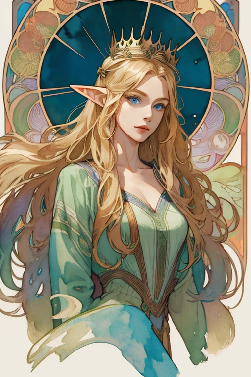 (Best Photo), (Watercolor), ((Matte)), (by Mucha), (Thick Contour), Flowing Lines, (High Resolution, Super Detail), Elf, 1 woman, 35 years old, sensual, Hair,, Hair Long Straight, Beautiful golden hair, Blue eyes, Parted bangs, Hair blowing in the wind, simple crown, medium breasts, White skin, Front and upper body, Standing, green queen outfit, collar bone, geometric pattern, (wind), forward, hand down, soft air, serious, wind magic, symmetry