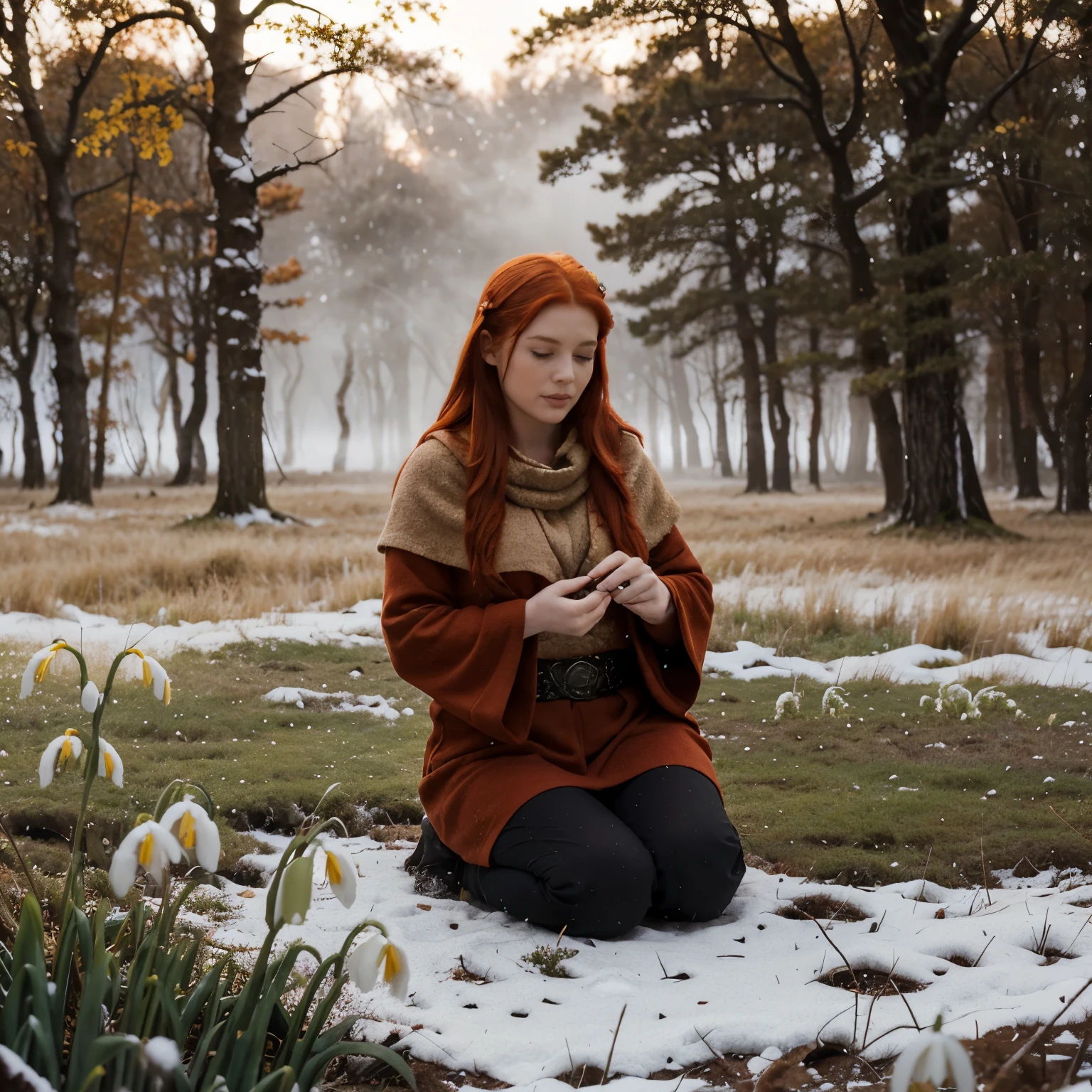 Beautiful firey red haired maiden, winter woodland, goddess Brigid, brigid's cross, lambs, calves, snowdrop flowers, winter wheat, mist, magic