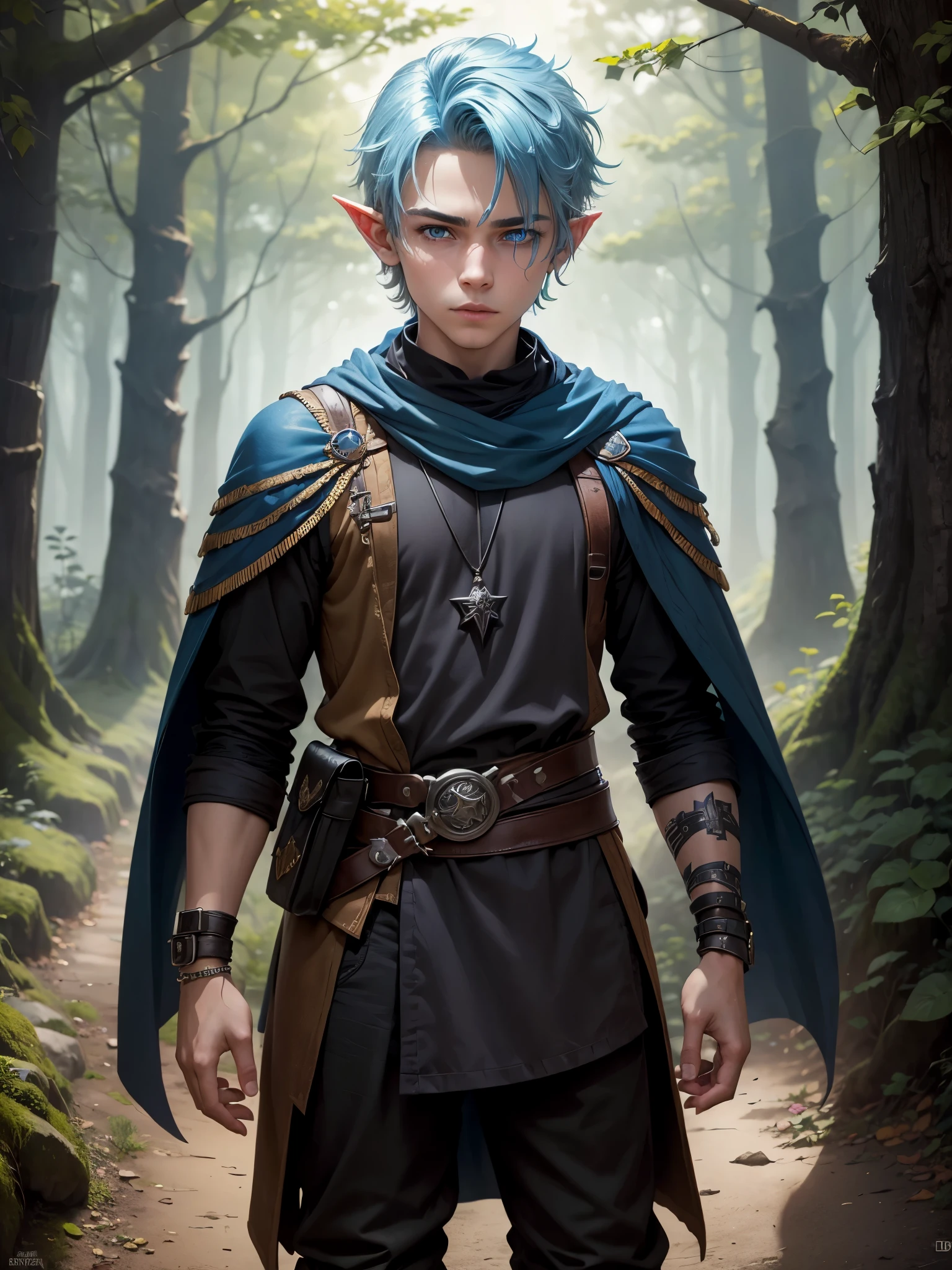 ((((Teen boy)))) , boy,young,beautiful,elf, 15 years old , finely detailed eyes,skin light tone,blue hair,blue eyes, intricate details, portrait, looking at viewer, solo, 8k , (full body:0.6), detailed background, detailed face, face covered by bandana, smuggler, (tattoos:0.9), dynamic pose, black dark wizard clothes, wizard outfit ,best quality, masterpiece, ultra high res,high fantasy medieval setting, medieval dark forest background, stealth,fog