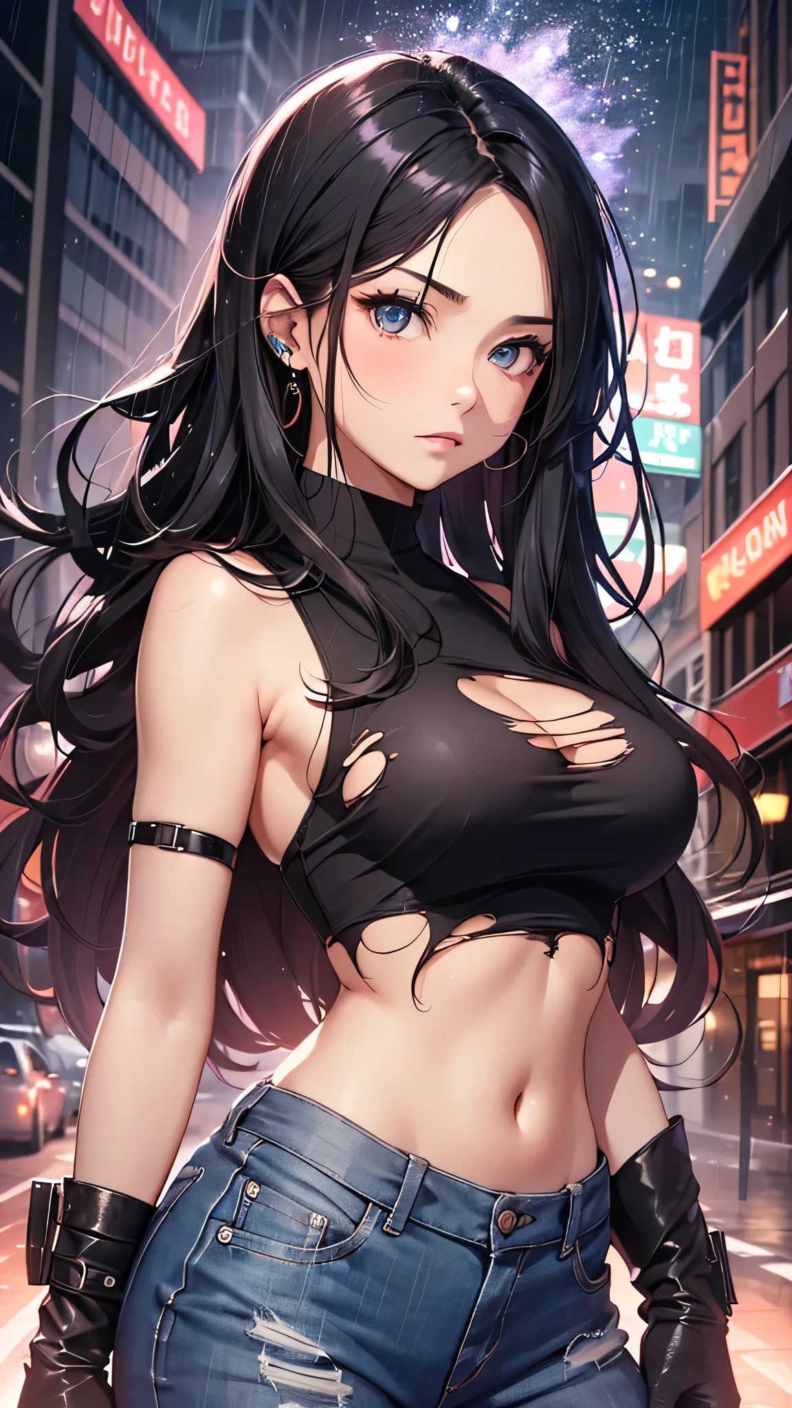 最high quality、best image quality、masterpiece、age girl((18-year-old、 By becoming、vest bust、medium bust,wide open breast tea、black eye, black hair、long hair、thin,highest valley、Torn black t-shirt(2:3)、angry face,damaged pants(2:3)、Perforated gloves)),high quality、beautiful art、background((City of night、Blue lightning strike、heavy rain、strong wind)),debris flies、Depth of written boundary、movie、visual art、perfect art、8K,genuine