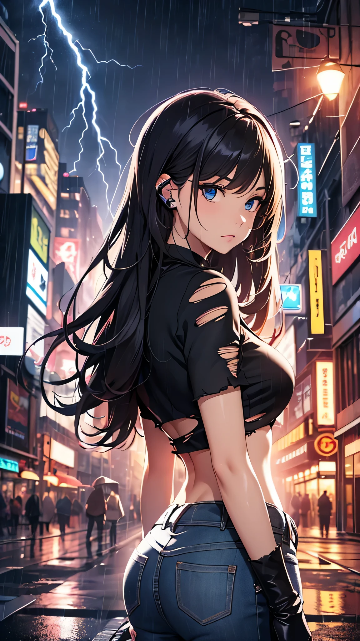 最high quality、best image quality、masterpiece、teenage girl((18-year-old、 By becoming、vest bust、medium bust,wide open breast tea、black eye, black hair、long hair、thin,highest valley、Torn black t-shirt(2:3)、angry face,damaged pants(2:3)、Perforated gloves)),high quality、beautiful art、background((City of night、Blue lightning strike、heavy rain、strong wind)),debris flies、Depth of written boundary、movie、visual art、perfect art、8K,genuine