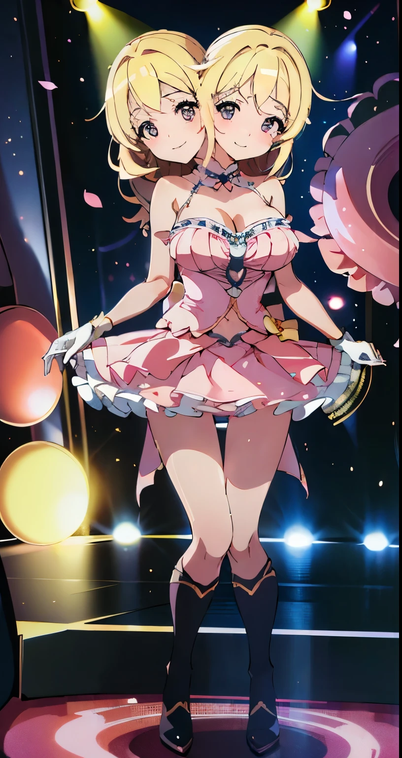 bbest quality, (masterpiece),(ultra-detailed), (high quality), (high resolution), (2heads:1.5) Gal, (blonde hair), large breasts, thighs, shorts, cleavage, mini shorts, (close shot),best quality:1.5, highres, UHD, 4K), performance stage, smiling, ((pink idol dress)), ((slim proportions)), black eyes, boots, ((full body)), strong girl, exposed midriff, ((pop idol girl)), pink dress