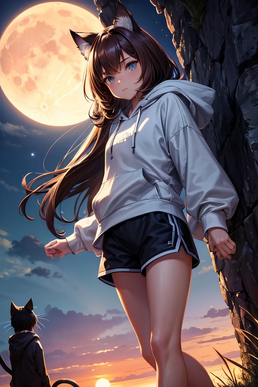 Best Quality, High Definition, Perfect Human Structure, Focus On Background, Glowing Hair, Cat Ear, Brown Hair, Cinematic Angle, From Below, Bobbed Hair, Ceiling, Gradient Eyes, Sleek Bangs, On Cliff, Standing, Looking Down On City, Fight, Near Future, Night, Moon, Sunset, Hoodie, Shorts, Sneakers Description: grass, moon, grass,