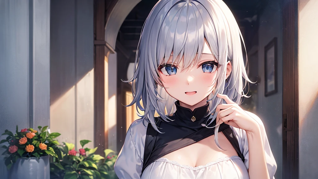 super high quality, with a girl, 20-year-old, very short hair, long bangs between the eyes, gray eyes , blue sky, sunlight, very detailed,(masterpiece、highest quality)、alone、gray hair、laughter、fantasy, silver hair, black eye, beautiful eyes,, ecstasy, charm, be smitten with audience, fantasyな風景、flower garden、white clothes