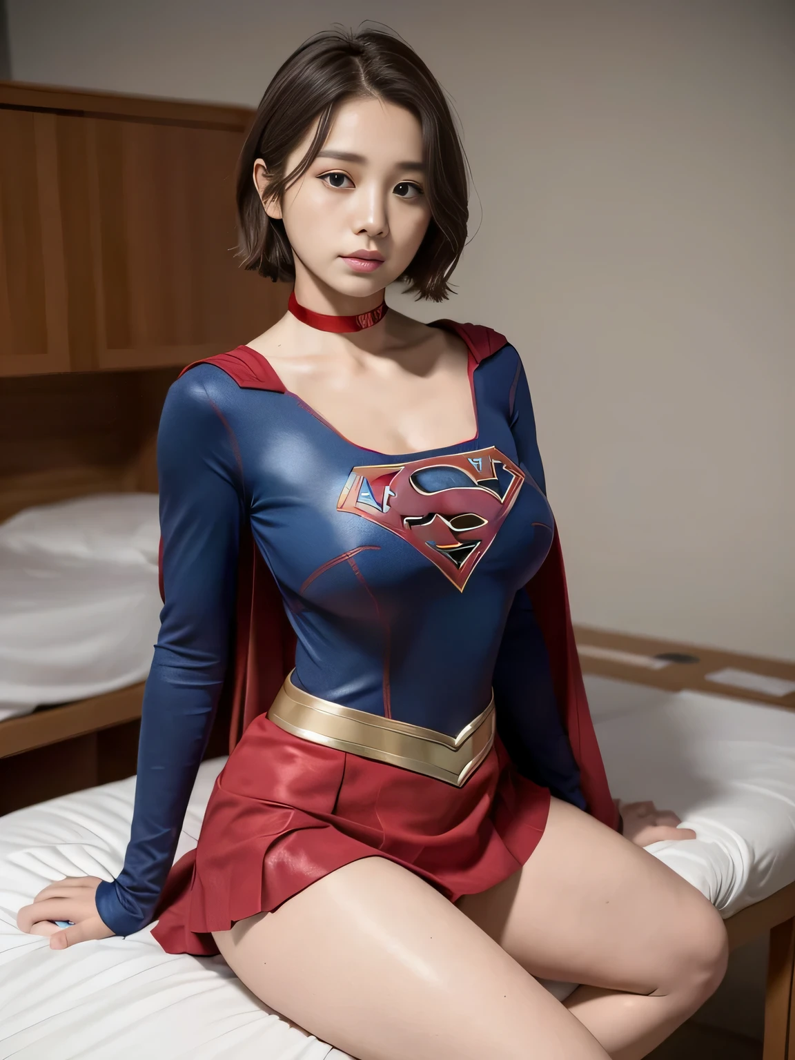 masterpiece、Supergirl costumes、short hair、barefoot、big and full breasts、operating room、operating table、straddle、Tattered、shiny、look at the camera、Seduce、choker、long sleeve、red mini skirt、Cowgirl、Estrus