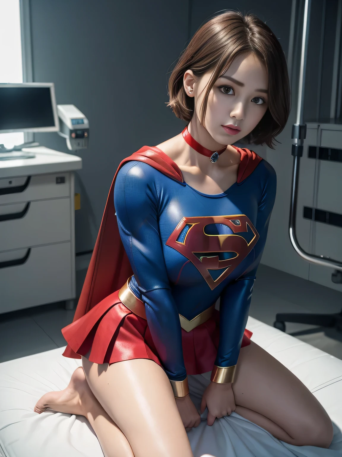 master piece,Supergirl costumes, short hair, barefoot, big and full breasts,operating room、operating table、straddle、corrupted、shiny、look at the camera、choker、long sleeve、red mini skirt