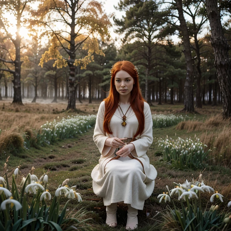 Beautiful firey red haired maiden, winter woodland, goddess Brigid, brigid's cross, lambs, calves, snowdrop flowers, winter wheat, mist, magic