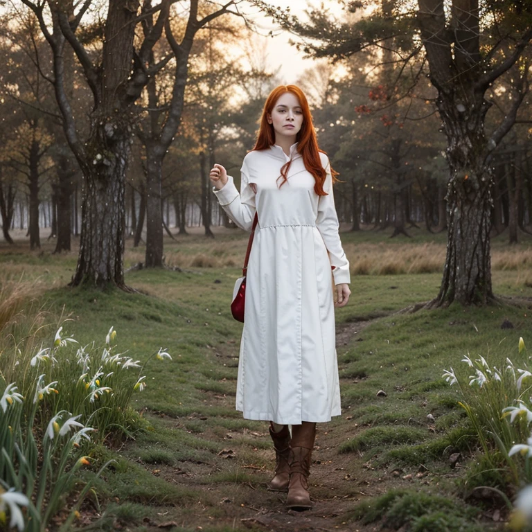 A magical, Beautiful firey red haired maiden , snowdrop flowers are growing in patches of snow in a celtic enchanted winter woodland, she embodies the goddess Brigid, brigid's cross, lambs and calves are in the feild of winter wheat, mist surrounds her