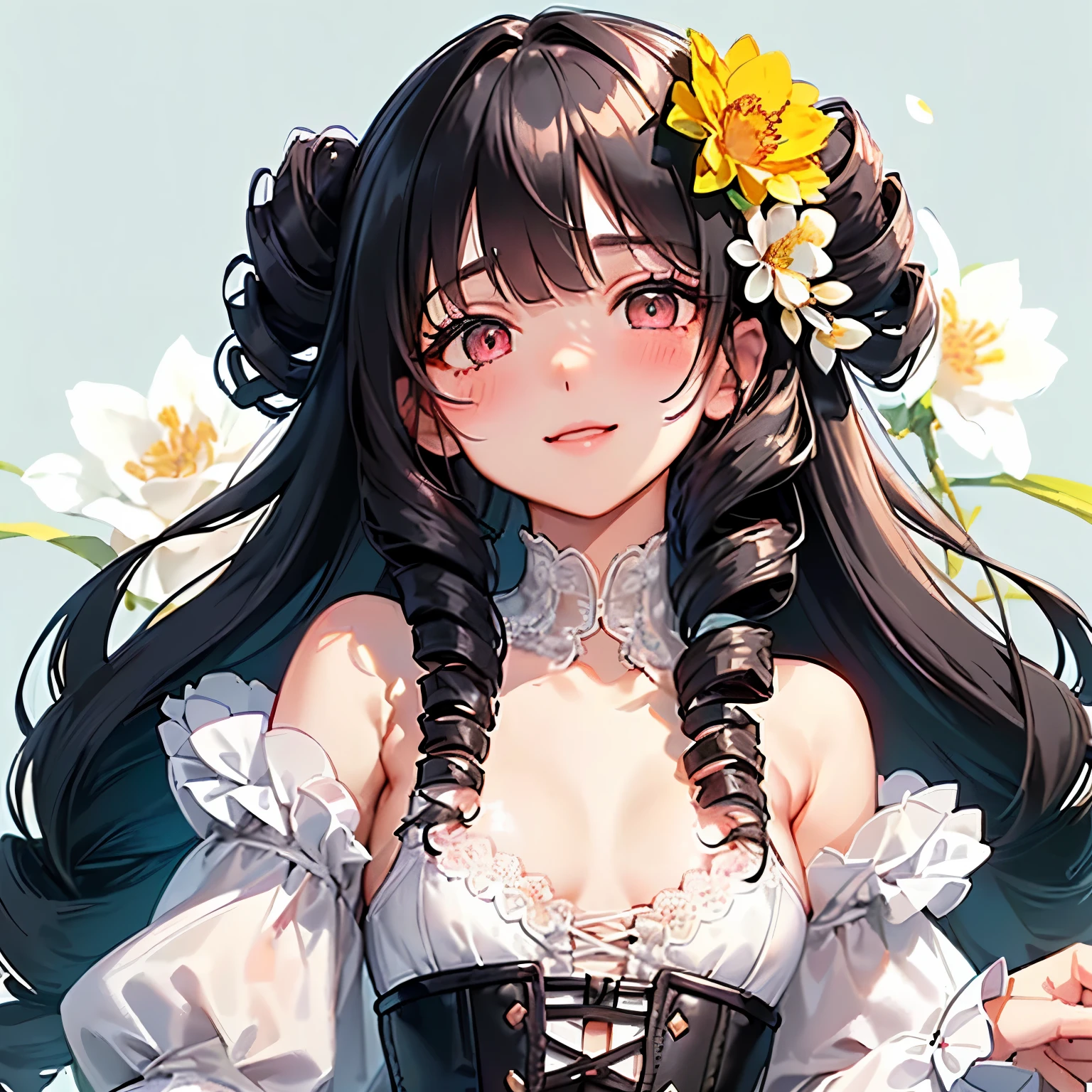 girl,cute,(black hair:1.2),(long hair with curls:1.2),(Drill Curl:1.25),(With bangs),(Eye size:1.5),(Lace dress:1.3),(White corset:1.3),(blush:1.2),(small breasts:1.5),(Smile slightly:1.1),(close up of face:1.4),(Background of blooming flowers:1.35),(white, pink, light blue, and yellow-green),