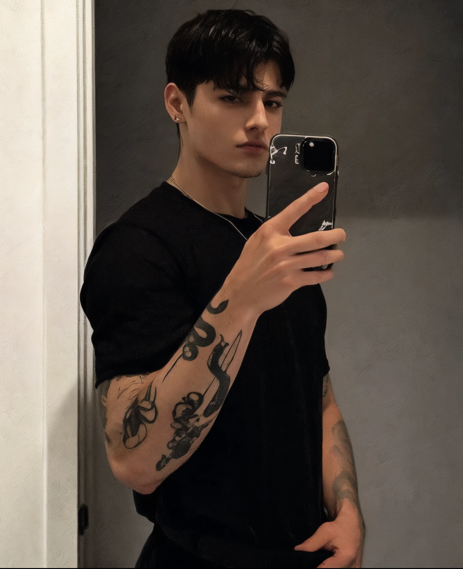 Jungkook tirando uma selfie em um espelho, com tatuagens, estilo de seb mckinno, ele tem cerca de 25 anos, with a squid tattoo on his arms, Jungkook do grupo BTS, inspired por JUNGKOOK, mid shot of a handsome guy, jungkook, young androgynous 