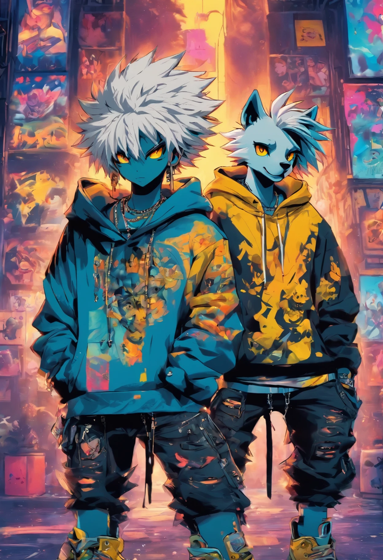 Two cool and trendy dogs looking here, White hair, Yellow eyes, Wear trendy hip-hop clothes, Wearing a hoodie, Graphic T-shirt and ripped jeans, Lots of tattoos and piercings, Doodle style background, Highly detailed background, perfect masterpiece, High quality, High resolution