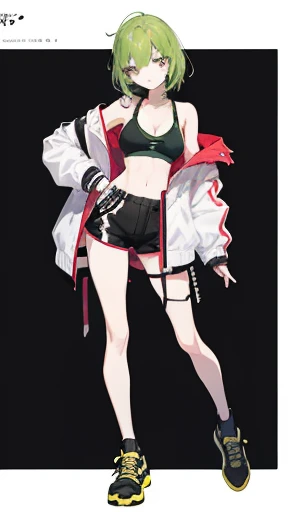 anime girl, anime vtuber full body model, wearing a punk outfit, bra and shorts streetwear, inspired by Sim Sa-jeong, ilustration of a cute anime girl, full body picture, full body portrait of, single character full body, green hair, (masterpiece, best quality)