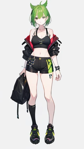 anime girl, anime vtuber full body model, wearing a punk outfit, bra and shorts streetwear, inspired by Sim Sa-jeong, ilustration of a cute anime girl, full body picture, full body portrait of, single character full body, green hair, (masterpiece, best quality)
