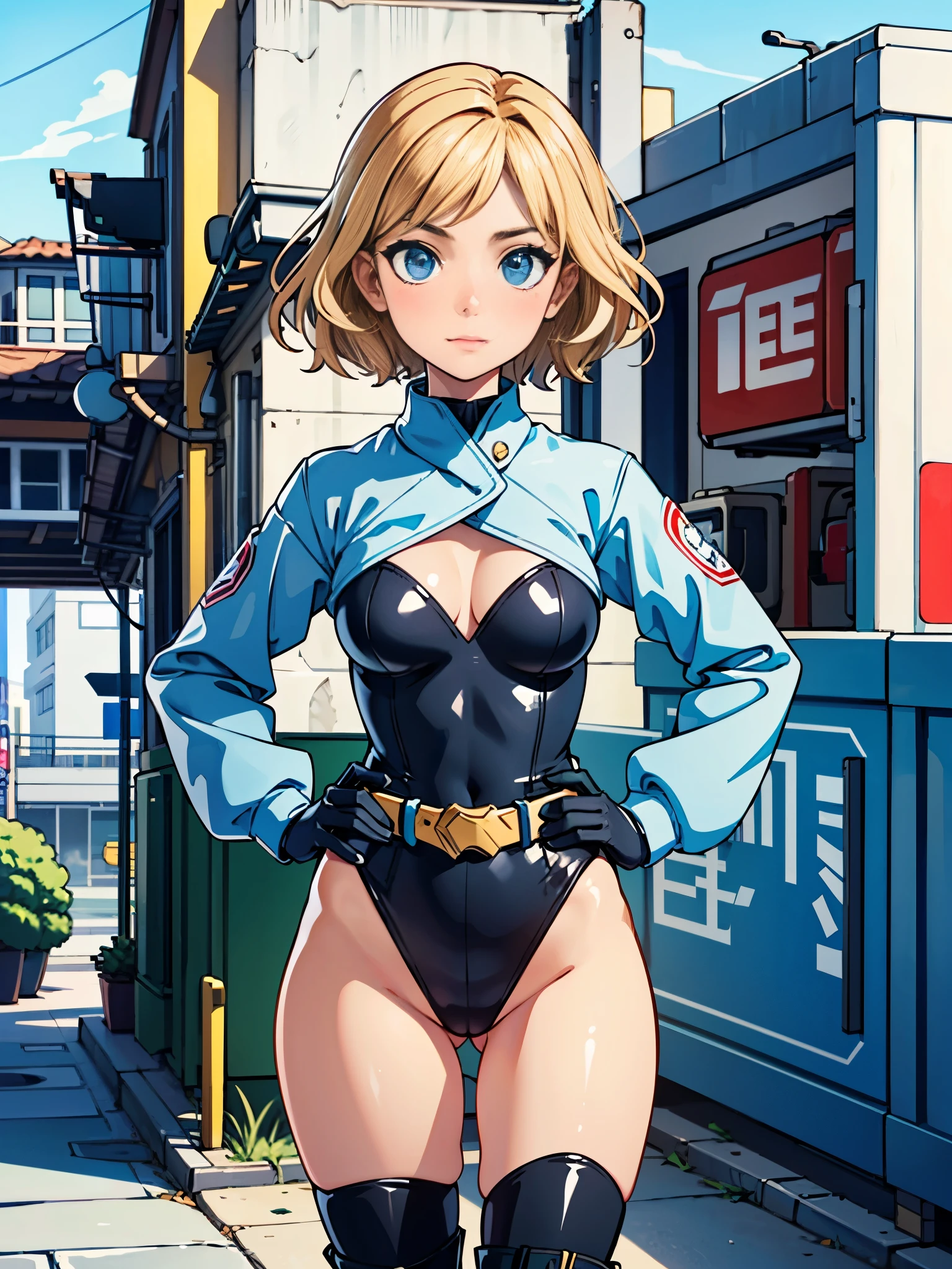 (((pixel-perfect, detail-perfect))), 1girl, medium breasts, (leotard, highleg leotard, light blue leotard), (lighting bolt emblem on chest), bare legs, (tight belt), boots, matching boots, gloves, city backdrop, solo, single, hands on hip, standing, full body shot, cowboy shot, superhero, blonde hair, short hair, wavy hair, high school backdrop, outdoors, mature lady, teacher, ultra highres, absurdres, beautiful face, detailed eyes, symmetric eyes, perfect body, good proportions, adetailer