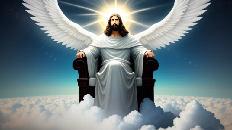 Jesus sitting on his great white throne in the clouds of heaven illuminating the whole earth. Imagem com muito brilho, luz e cor, e muito detalhada. imagem realista.