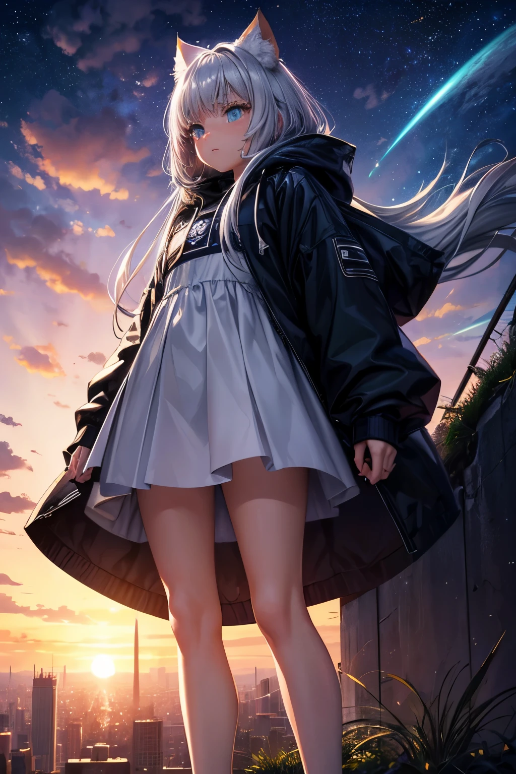 Best Quality, High Definition, Perfect Human Structure, Focus On Background, Glowing Hair, Cat Ear, Silver Hair, Cinematic Angle, From Below, Bobbed Hair, Ceiling, Gradient Eyes, Flowing Bangs, Standing, Looking Down On City, Battle, Ruins, Pastel Colors, Space, Near Future, Night, Moon, Sunset, Parka Sneakers, Moon, Grass,