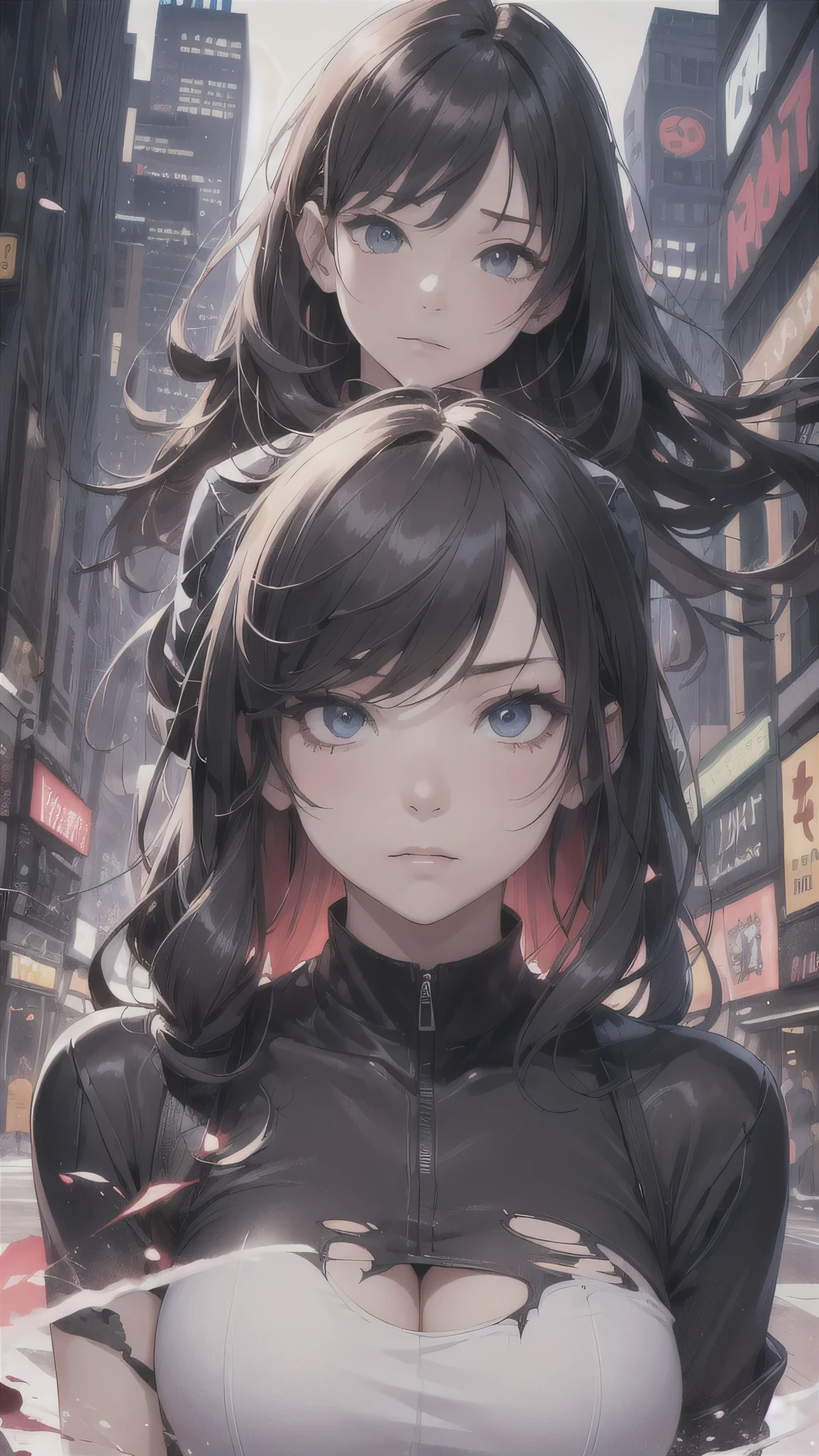 最high quality、best image quality、masterpiece、teenage girl((18-year-old、 By becoming、vest bust、medium bust,wide open breast tea、black eye, black hair、long hair、thin,highest valley、Torn black t-shirt(2:3)、angry face,damaged pants(2:3)、Perforated gloves)),high quality、beautiful art、background((City of night、Blue lightning strike、heavy rain、strong wind、Center of the intersection)),debris flies、Depth of written boundary、movie、visual art、perfect art、8K,genuine