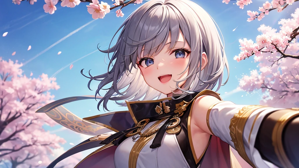 super high quality, with a girl, 20-year-old, very short hair, long bangs between the eyes, gray eyes , blue sky, sunlight, very detailed,(masterpiece、highest quality)、alone、gray hair、laughter、fantasy, silver hair, black eye, beautiful eyes,, ecstasy, charm, be smitten with audience, fantasyな風景、flower garden、white clothes、cherry blossoms falling