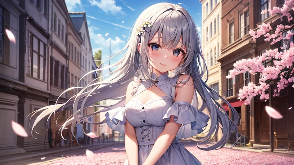 super high quality, with a girl, 20-year-old, very short hair, long bangs between the eyes, gray eyes , blue sky, sunlight, very detailed,(masterpiece、highest quality)、alone、gray hair、laughter、fantasy, silver hair, black eye, beautiful eyes,, ecstasy, charm, be smitten with audience, fantasyな風景、flower garden、white clothes、cherry blossoms falling