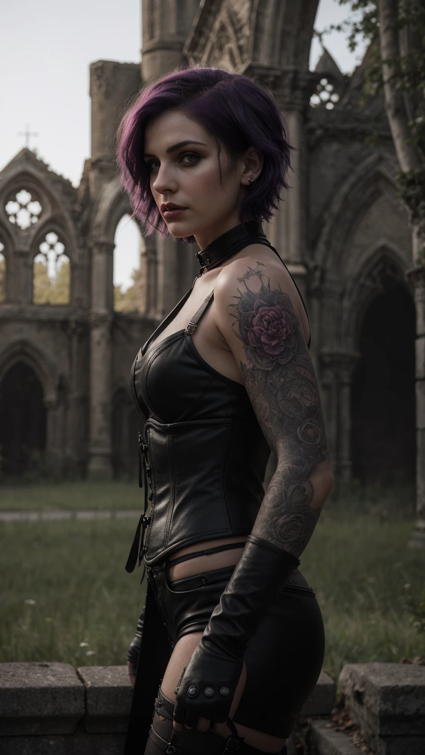 Malicious gothic girl, purple hair, short hair sides shaved:1.3, sensual pose, in red leather corset:1.2, (in the garden of a ruined gothic cathedral:1.2), tattooed, pierced, black makeup , photorealistic, photo, masterpiece, realistic, realism, photorealism, high contrast, photorealistic digital art trending on Artstation 8k HD high definition detailed realistic, detailed, shy, blushing, skin texture, hyper detailed, realistic skin texture, best quality, ultra high res, (photorealistic:1.4), high resolution, detailed, raw photo, sharp re, by lee jeffries nikon d850 film stock photograph 4 kodak portra 400 camera f1.6 lens rich colors hyper realistic lifelike texture dramatic lighting unrealengine trending on artstation cinestill 800,