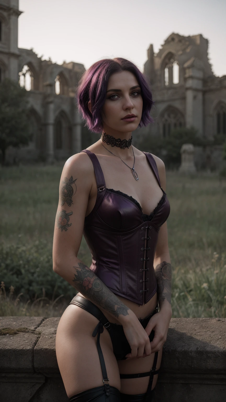 Malicious gothic girl, purple hair, short hair sides shaved:1.3, sensual pose, in red leather corset:1.2, (in the garden of a ruined gothic cathedral:1.2), tattooed, pierced, black makeup , photorealistic, photo, masterpiece, realistic, realism, photorealism, high contrast, photorealistic digital art trending on Artstation 8k HD high definition detailed realistic, detailed, shy, blushing, skin texture, hyper detailed, realistic skin texture, best quality, ultra high res, (photorealistic:1.4), high resolution, detailed, raw photo, sharp re, by lee jeffries nikon d850 film stock photograph 4 kodak portra 400 camera f1.6 lens rich colors hyper realistic lifelike texture dramatic lighting unrealengine trending on artstation cinestill 800,