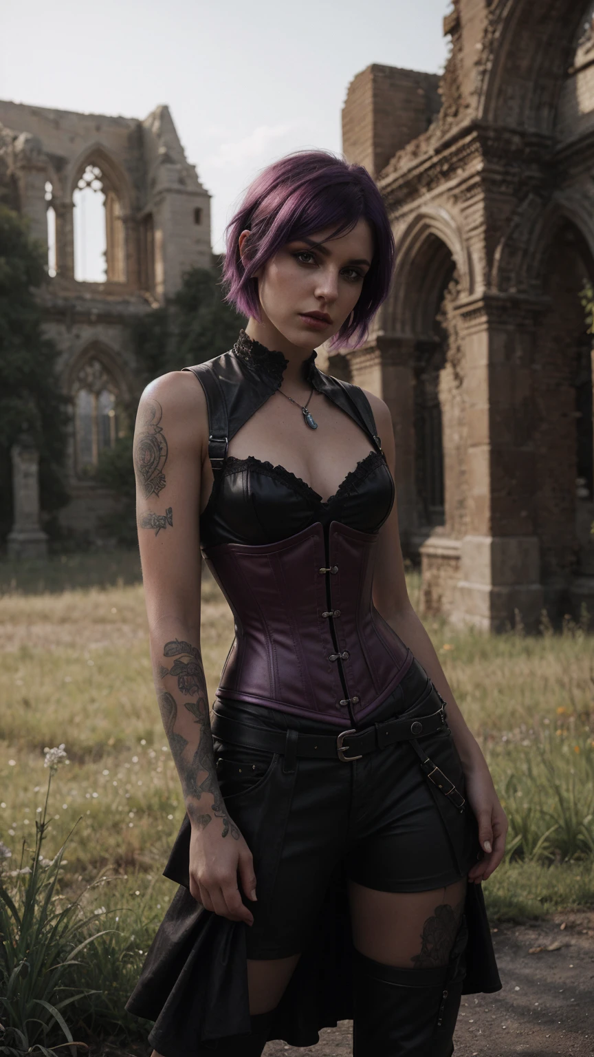 Malicious gothic girl, purple hair, short hair sides shaved:1.3, sensual pose, in red leather corset:1.2, (in the garden of a ruined gothic cathedral:1.2), tattooed, pierced, black makeup , photorealistic, photo, masterpiece, realistic, realism, photorealism, high contrast, photorealistic digital art trending on Artstation 8k HD high definition detailed realistic, detailed, shy, blushing, skin texture, hyper detailed, realistic skin texture, best quality, ultra high res, (photorealistic:1.4), high resolution, detailed, raw photo, sharp re, by lee jeffries nikon d850 film stock photograph 4 kodak portra 400 camera f1.6 lens rich colors hyper realistic lifelike texture dramatic lighting unrealengine trending on artstation cinestill 800,