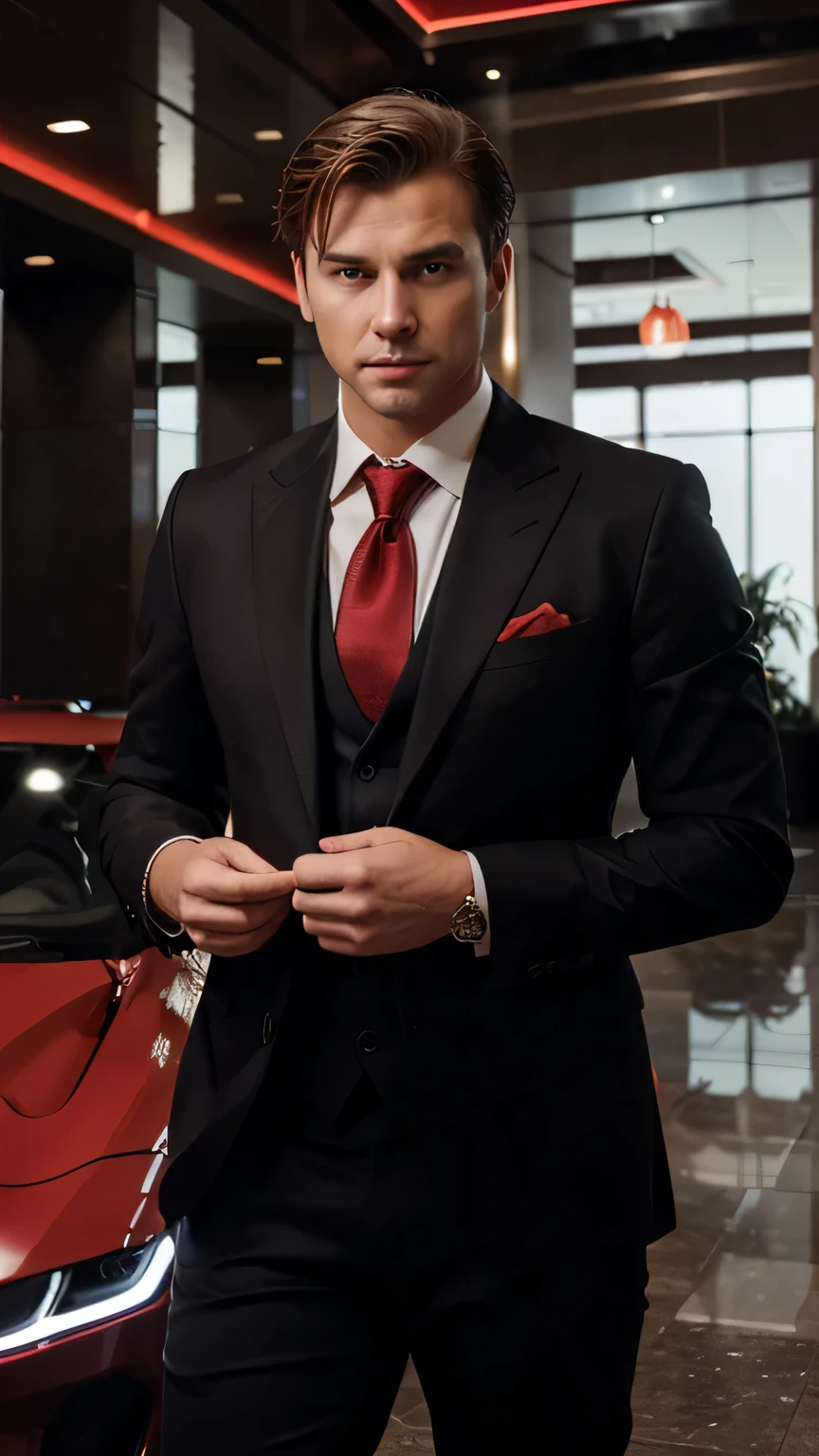 luxury,high-end feeling,A handsome rich man wearing casual clothes standing facing the camera with a red supercar behind him, tie and businessman hairstyle, successful person, illuminated by lights, gorgeous lobby background,film stock photograph,looking into camera
