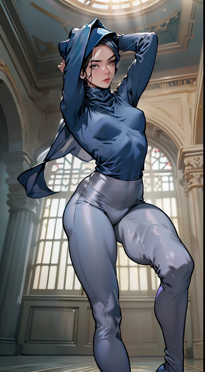 Superior Quality, Masterpiece, Ultra High Resolution, (Photorealistic: 1.4), girl, dancing, dynamic pose, (Dark blue satin hijab)), ((gray satin turtleneck shirt and satin leggings)), large breast, brown eyes, sweaty