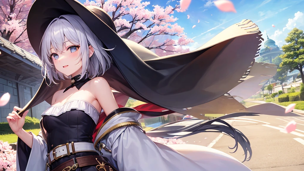 super high quality, with a girl, 20-year-old, very short hair, long bangs between the eyes, gray eyes , blue sky, sunlight, very detailed,(masterpiece、highest quality)、alone、gray hair、laughter、fantasy, silver hair, black eye, beautiful eyes,, ecstasy, charm, be smitten with audience, fantasyな風景、white clothes、cherry blossoms falling