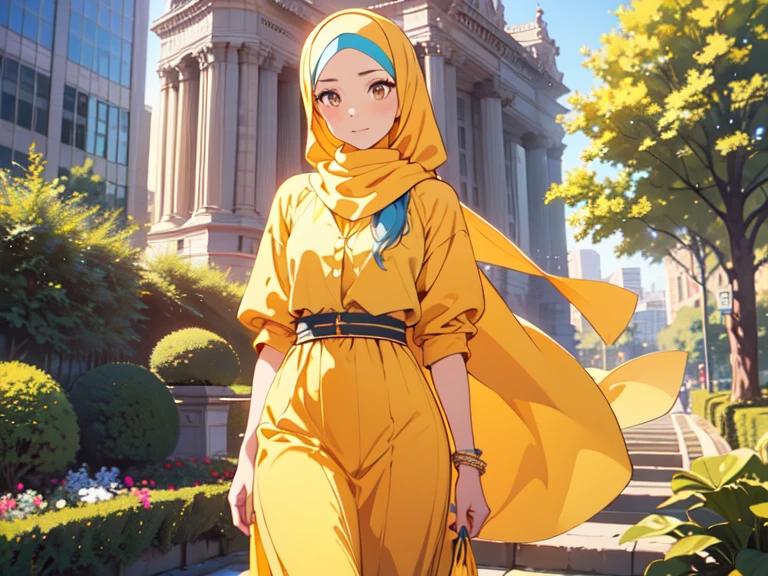 RAW, Best quality, high resolution, masterpiece: 1.3), beautiful Malay woman in hijab,Masterpiece, perfect slim fit body, big gorgeous eyes, Soft smile,a close up of a woman in a yellow dress and a blue scarf, jacked yellow, wearing yellow attire, wearing beautiful clothes, beautiful design, hijab, in crimson yellow, very beautiful enga style, beautiful masterpiece, fine details. Yellow, wearing gorgeous clothing, dominating yellow and blue color, crimson themed , (Delicate turtleneck) , necklace, shairband, afternoon walk, City garden, Excellent lighting, Bright colors, Clean lines