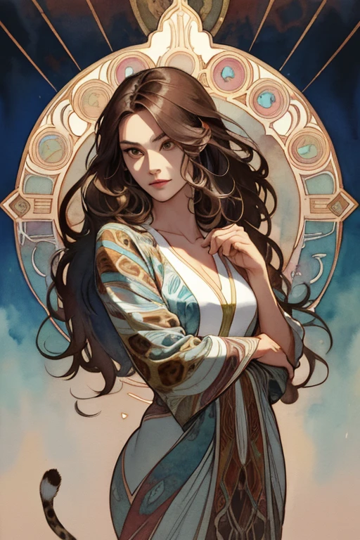 (Best Photo), (Watercolor), ((Matte)), (by Mucha), (Thick Contour), Flowing Lines, (High Resolution, Super Detail), demi-human leopard, 1 woman, 35 years old, sensual, Hair ,, Long shaggy hair, Beautiful brown hair, Brown eyes, Parted bangs, Hair blowing in the wind, leopard ear, medium breasts, White skin, Front and upper body, Standing, silver warrior outfit, collarbone, geometric pattern, (earth), forward, hand down, soft air, serious, earth magic, symmetry