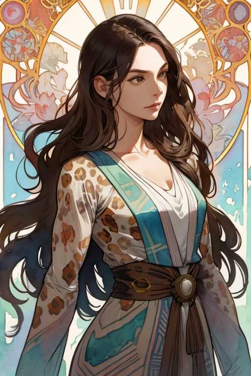 (Best Photo), (Watercolor), ((Matte)), (by Mucha), (Thick Contour), Flowing Lines, (High Resolution, Super Detail), demi-human leopard, 1 woman, 35 years old, sensual, Hair ,, Long shaggy hair, Beautiful brown hair, Brown eyes, Parted bangs, Hair blowing in the wind, leopard ear, medium breasts, White skin, Front and upper body, Standing, silver warrior outfit, collarbone, geometric pattern, (earth), forward, hand down, soft air, serious, earth magic, symmetry