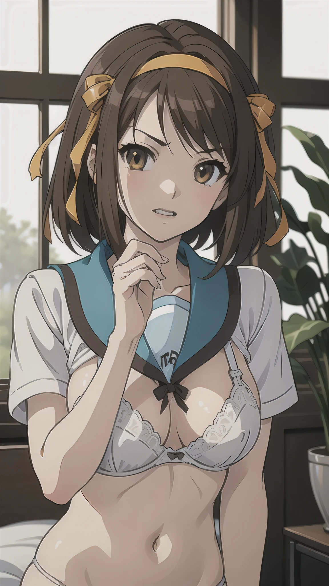 (A superb exquisite haruhi suzumiya), (haruhi suzumiya:1.5), (kyoani haruhi style Uniform:1.5), brown eyes, brown hair, natural straight hair, hairband, ribbon, straight bangs, solo, nature, extremely delicate, straight facial features, peerless beautiful girl, soft, (sensual face), ((ecchi face)), dreamy quality, exaggerated facial features, solid color, frank holly, delicate face, bright lips, slender waist, soft curves, real light and shadow, super fine, 4k, natural moving, Ultra high resolution, (masterpiece:1.2, best quality), (finely detailed beautiful eyes: 1.2), (beautiful detailed face), sexy semi-nude model, sexy pose, Ultra high definition white bra and panties, erect nipples,Medium chest, slender body, (bedroom),
