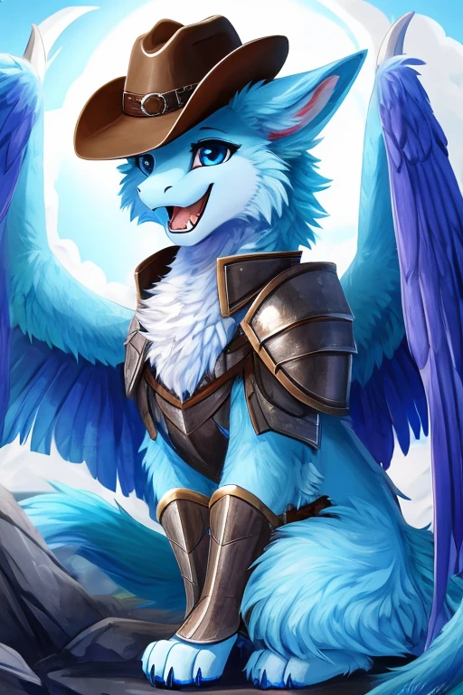 furry art, feral, furred dragon, female, white and blue fur, wings, big ears, horns, tail, chest fluff, paws, fangs, happy, quadruped, wearing armor, wearing leather armor, wearing cowboy hat, cute