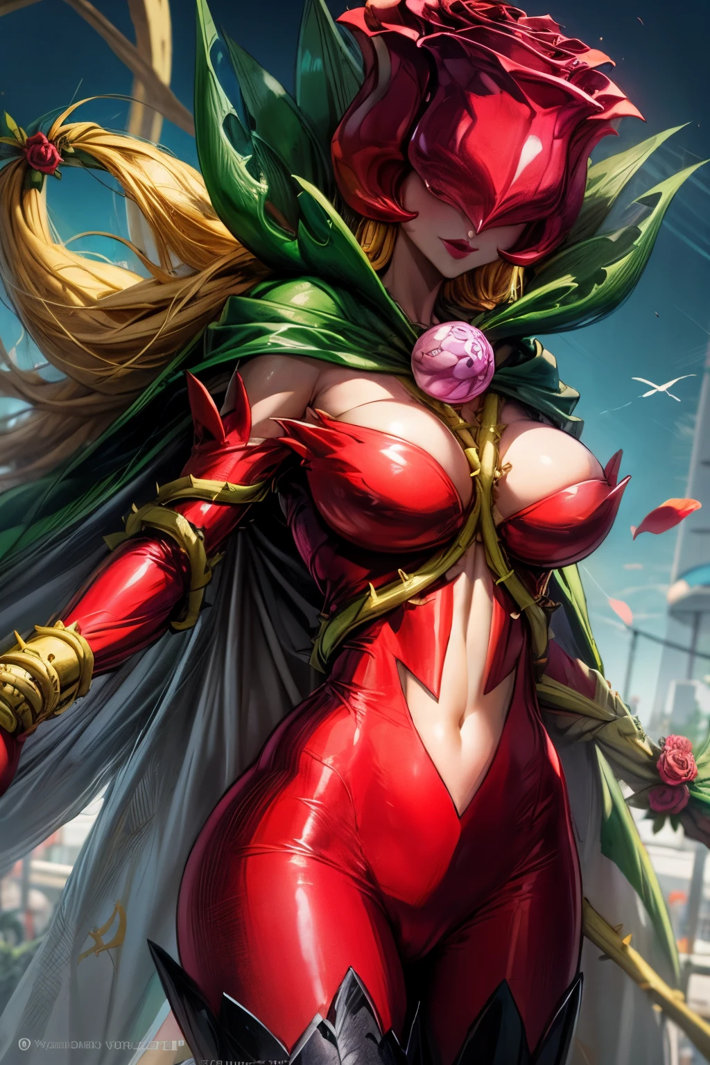 ANIME_rosemon_yugiho_ownwaifu, www.ownwaifu.com, digimon \(creature\), breasts, long hair, large breasts, lipstick, navel, makeup, covered eyes, monster girl, helmet, plant girl, colored skin, thighhighs, cleavage, petals, elbow gloves, navel cutout, red flower, red gloves, bodysuit, mask, thorns, cape, gloves, vines, rose, flower, plant, 1girl, solo, facing viewer, looking at viewer, upper body, smile