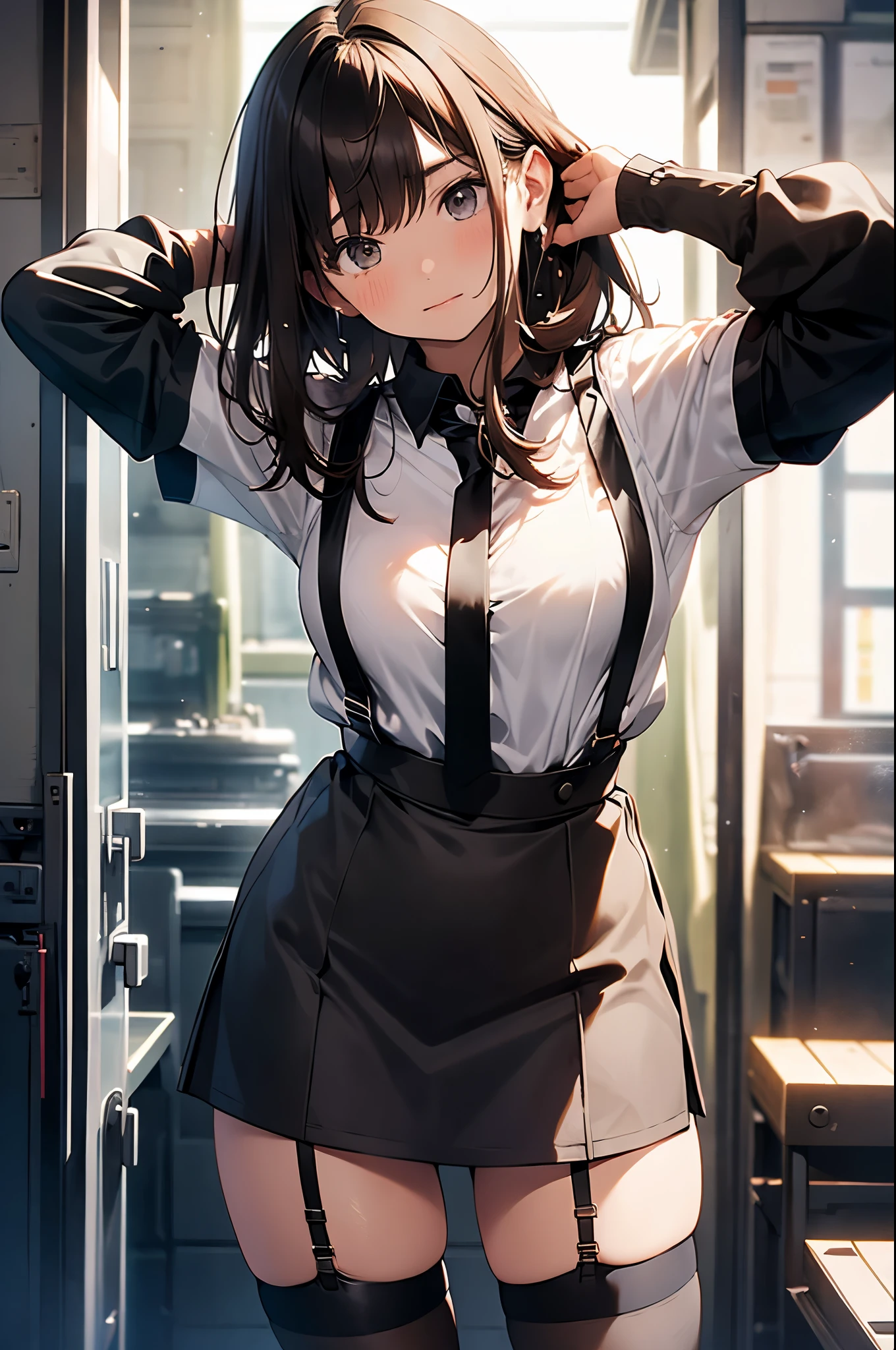 brown hair、looking at the viewer suspenders Bulging big breasts Black miniskirt garter belt knee high socks Gaze small face bangs Beauty hands up Gaze black boots provocation armpit sweat one person put your hands behind your back cutter shirt Panty shot