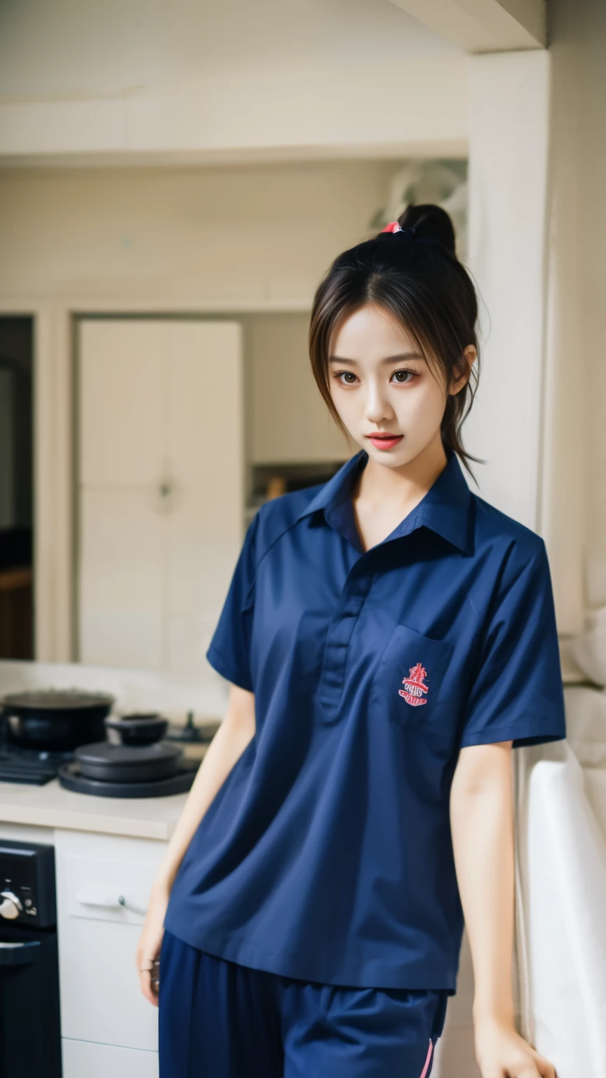 2 Girls in the Kitchen, Navy blue short-sleeved shirt,Navy Long Trackpant,Sweatpants, Sweatpantsขายาว,25 year old girl, lesbian, sexy, exercise clothes