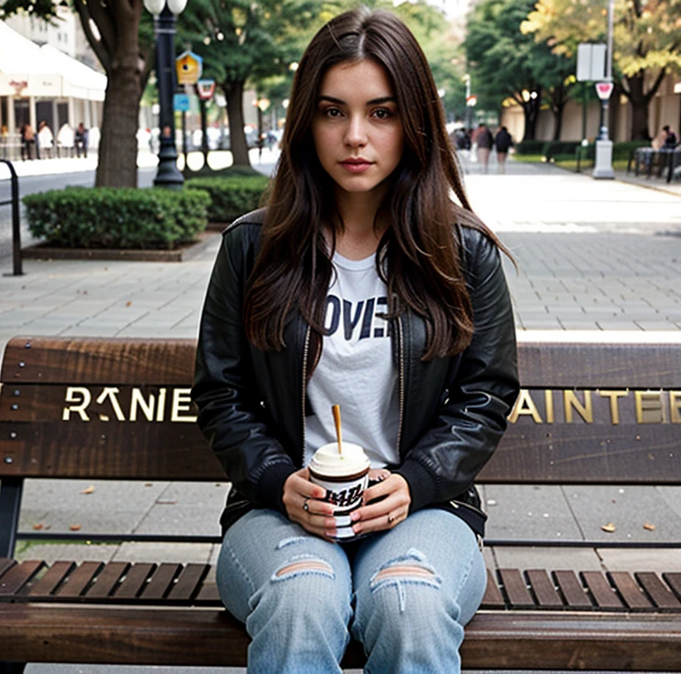 Make a 28 year old brunette woman, cabelos preto grande, park bench environment, she is alone eating ice cream, usa jaqueta jeans e blusa branca