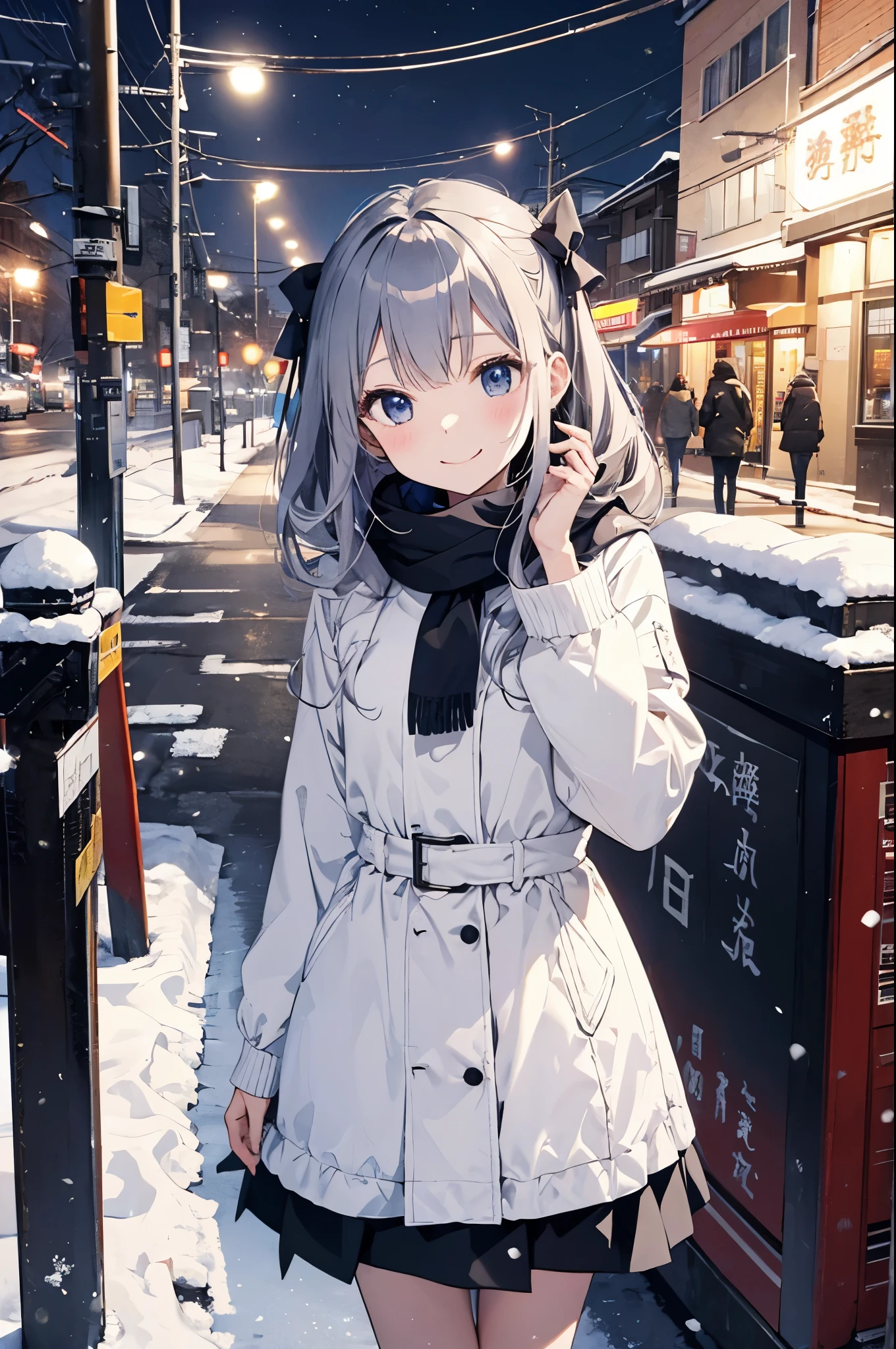 (Dainty Girl:1.3)、 happy face,winterの雰囲気、snow玉を投げる、winter、snow、cold,Night