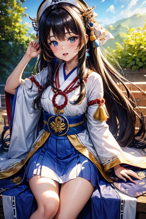 queen of the ainu、cute、Ainu pattern clothes、white and blue clothes、Ainu pattern、Have a bow、Ainu art、Clean your eyes、