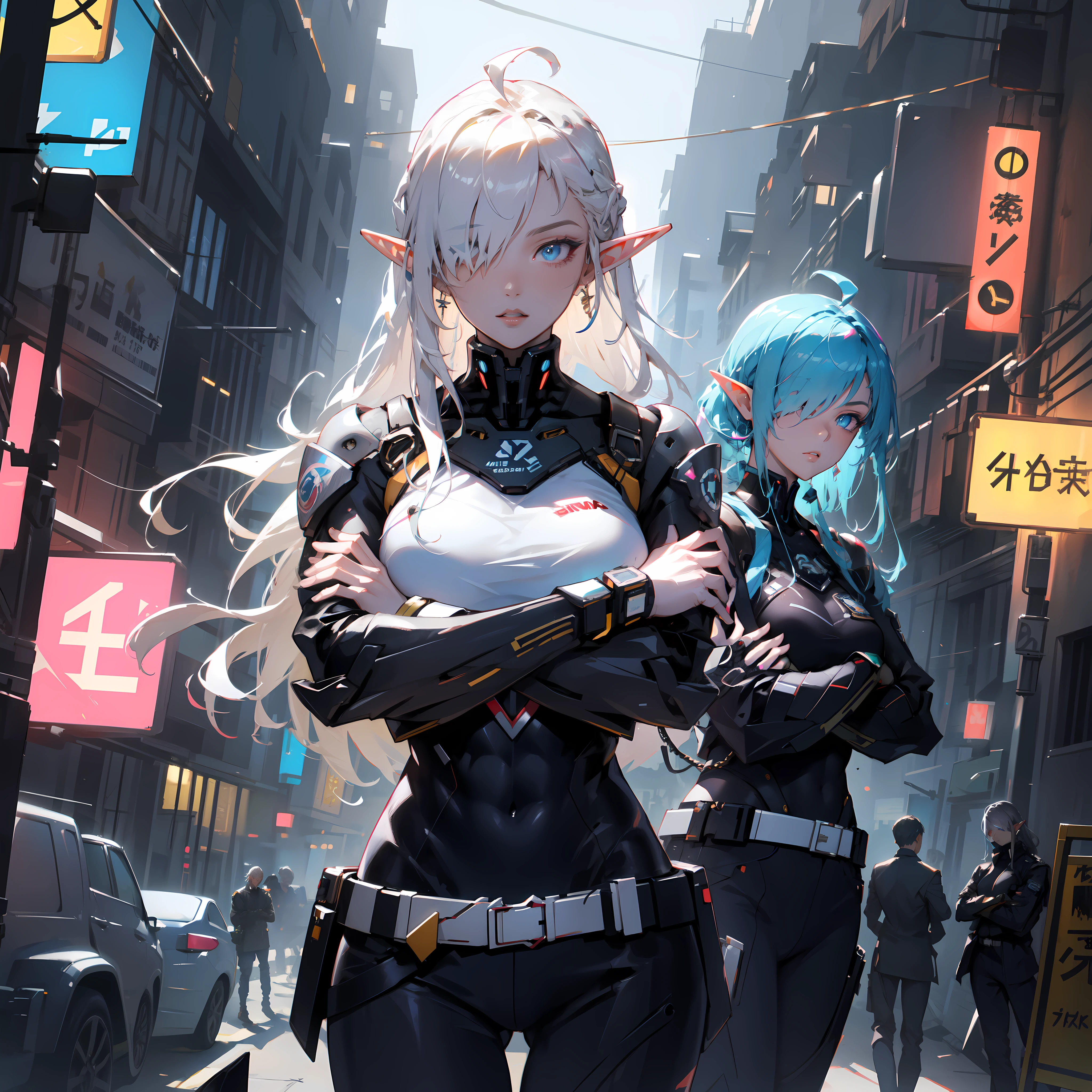 ((masterpiece)), (top quality), (best quality), ((ultra-detailed, 8k quality)), Aesthetics, Cinematic lighting, (detailed line art), absurdres, (best composition), (high-resolution),
BREAK,
Beauty of a elf girl, mecha girl, tech wear police uniform organic cyborg, white plastic, yellow techwear clothing, yellow and black safety tapes, full armor, Detailed Cloth, and armored Texture, She is major police in cyberpunkwith his squad, cyberpunk, cowboy shot, ((crossed arms:1.2)), fantasy, intricate, elegant, highly detailed, lifelike, photorealistic, digital painting, artstation, illustration, concept art, smooth, sharp focus, art by Yoji Shinkawa, by Mikimoto Haruhiko, by Artgerm,
BREAK,
highly detailed of (elf), (1girl), solo, perfect face, details eye, ahoge, ((long hair:1.2)), (hair over one eye:1.3), [[Messy hair]], shiny blonde white hair, blue eyes, multicolored hair, (eyelashes, eyeshadow, pink eyeshadow), smile, design art by Mikimoto Haruhiko, by Kawacy, By Yoshitaka Amano,
BREAK, 
((perfect anatomy)), perfect body, Abs, medium breast, best hands, perfect face, beautiful face, beautiful eyes, perfect eyes, (perfect fingers, deatailed fingers), correct anatomy, 
BREAK, 
Watercolor wash painting, muted colors, warm colors, best quality, delicate brushwork,painting style background, abandoned building, neon-lit cyberpunk cityscape, industrial, cables and pipes, ventilation ducts, crowded police squad, (depth of field:1.2), (blurry background:1.2),the style of Mikimoto Haruhiko, Artgerm, Kentaro Miura style, the style of Mikimoto Haruhiko, Artgerm, Kentaro Miura style,