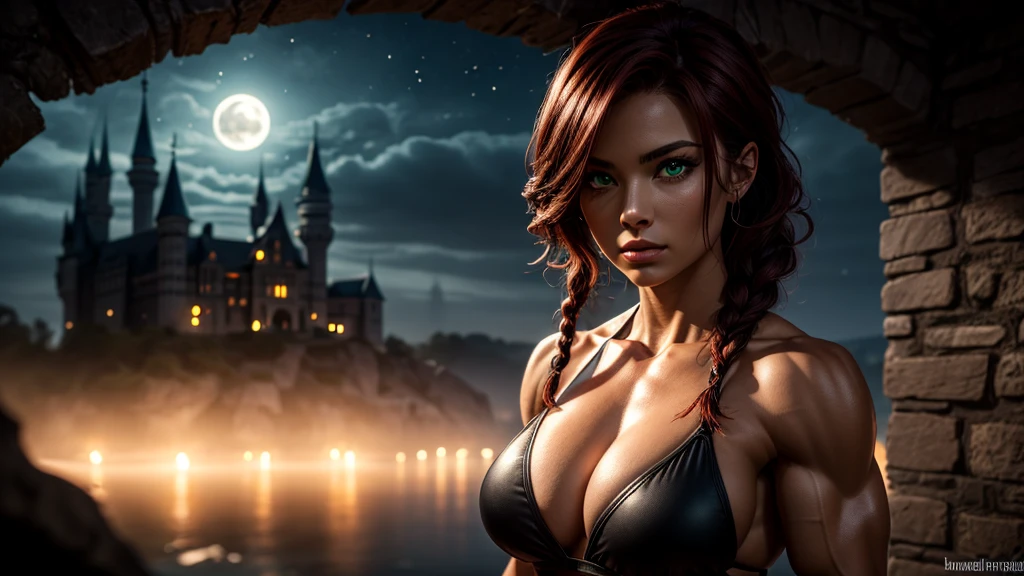 best quality , 8k, highres, masterpiece ,3d, ultra-detailed, HDR, studio lighting , sharp focus, physically-based rendering, extreme detail description, professional, vivid colors, bokeh, portrait, concept artists, cool tone, soft moonlight, erotic pose, dramatic shadows, mysterious ambiance, moonlit, castle ruins, dark fantasy, fit physique, short braided dark red hair, symmetric beautiful face ,perky breast ,intense green eyes gaze, sexy, confident, empowering.