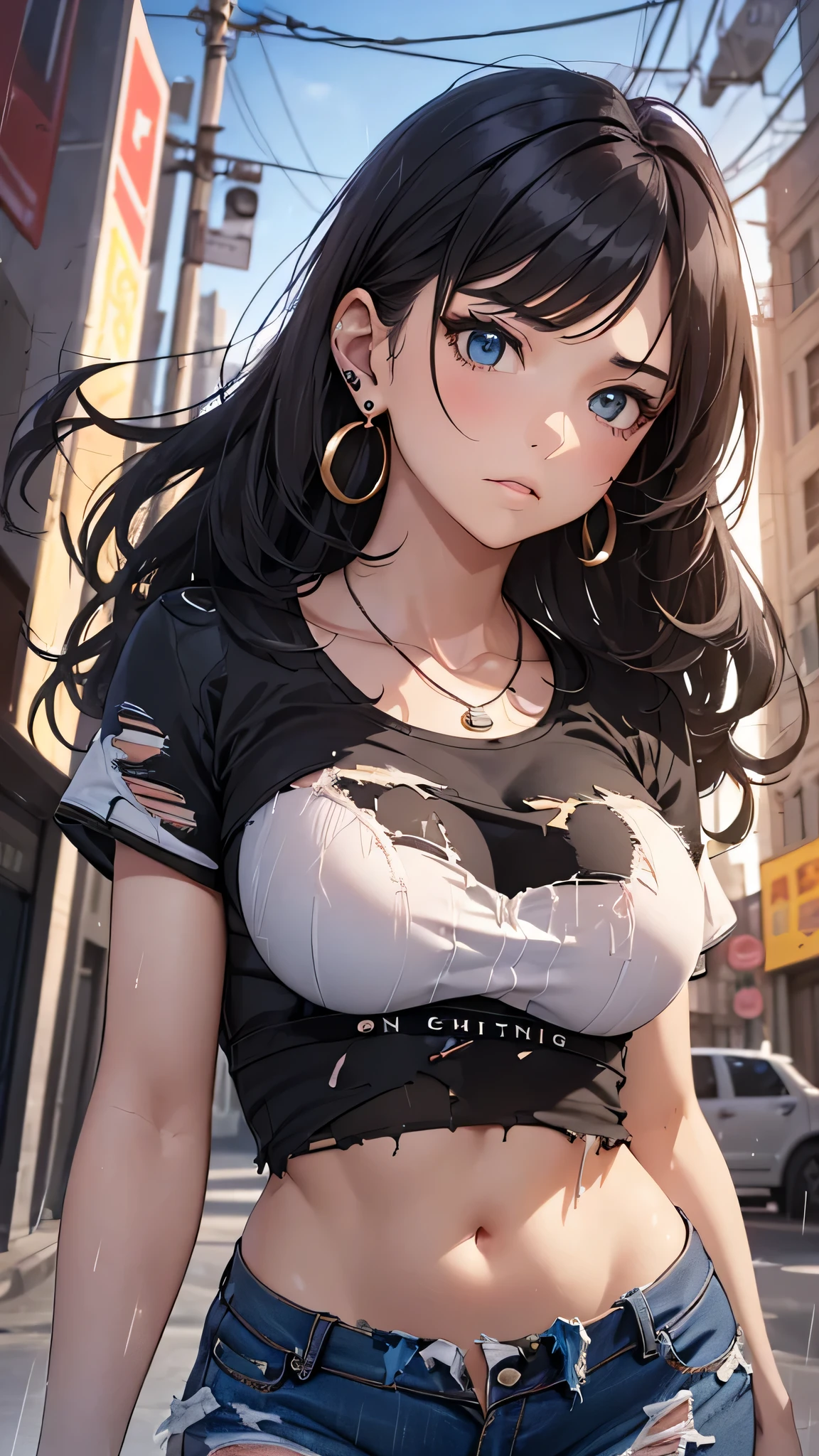 最high quality、best image quality、masterpiece、age girl((18-year-old、 By becoming、vest bust、medium bust,wide open breast tea、black eye, black hair、long hair、thin,highest valley、Torn black t-shirt(2:3)、angry face,damaged pants(2:3)、Perforated gloves、blue earrings、dog tag、show your whole body)),high quality、beautiful art、background((City of night、Blue lightning strike、heavy rain、strong wind、Center of the intersection)),debris flies、Depth of written boundary、movie、visual art、perfect art、8K,genuine