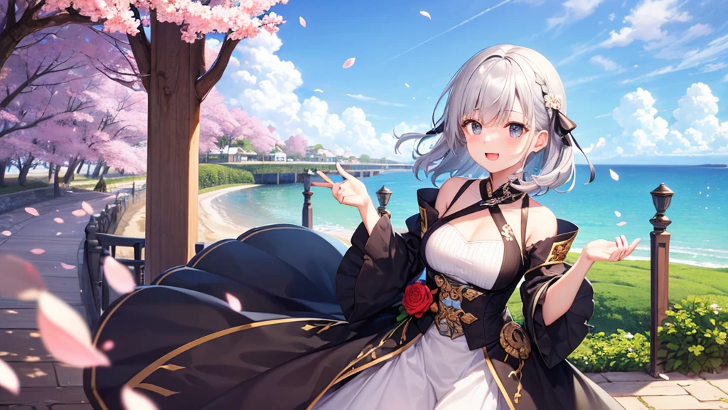super high quality, with a girl, 20-year-old, very short hair, long bangs between the eyes, gray eyes , blue sky, sunlight, very detailed,(masterpiece、highest quality)、alone、gray hair、laughter、fantasy, silver hair, black eye, beautiful eyes,, ecstasy, charm, be smitten with audience, fantasyな風景、white clothes、cherry blossoms falling、seaside