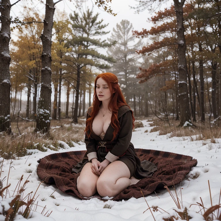 Beautiful firey red haired maiden, winter woodland, goddess Brigid, brigid's cross, lambs andcalves are laying at her feet, snowdrop flowers, winter wheat, mist, magic