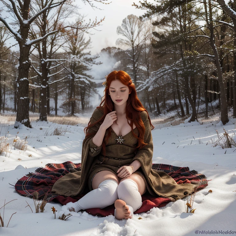 A magical, Beautiful firey red haired maiden , in a celtic enchanted winter woodland, she embodies the goddess Brigid, brigid's cross, lambs and calves are laying at her feet, snowdrop flowers are growing in patches of snow with winter wheat, mist surrounds her