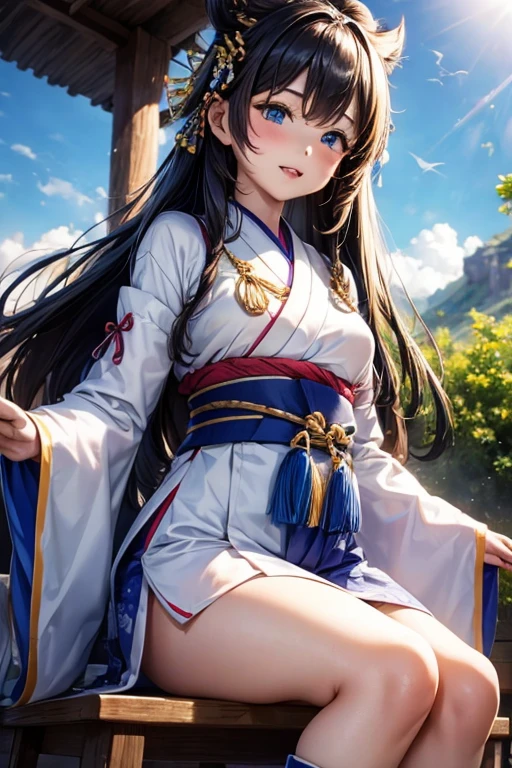 queen of the ainu、cute、Ainu pattern clothes、white and blue clothes、Ainu pattern、Have a bow、Ainu art、Clean your eyes。