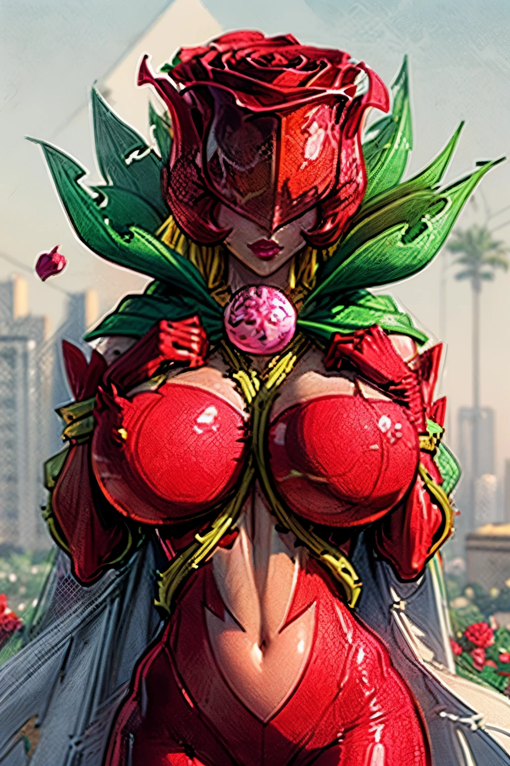 ANIME_rosemon_yugiho_ownwaifu, www.ownwaifu.com, digimon \(creature\), breasts, long hair, (gigantic breasts:1.3), lipstick, navel, makeup, covered eyes, monster girl, helmet, plant girl, colored skin, thighhighs, cleavage, petals, elbow gloves, navel cutout, red flower, red gloves, bodysuit, mask, thorns, cape, gloves, vines, rose, flower, plant, 1girl, solo, facing viewer, looking at viewer, upper body, smile