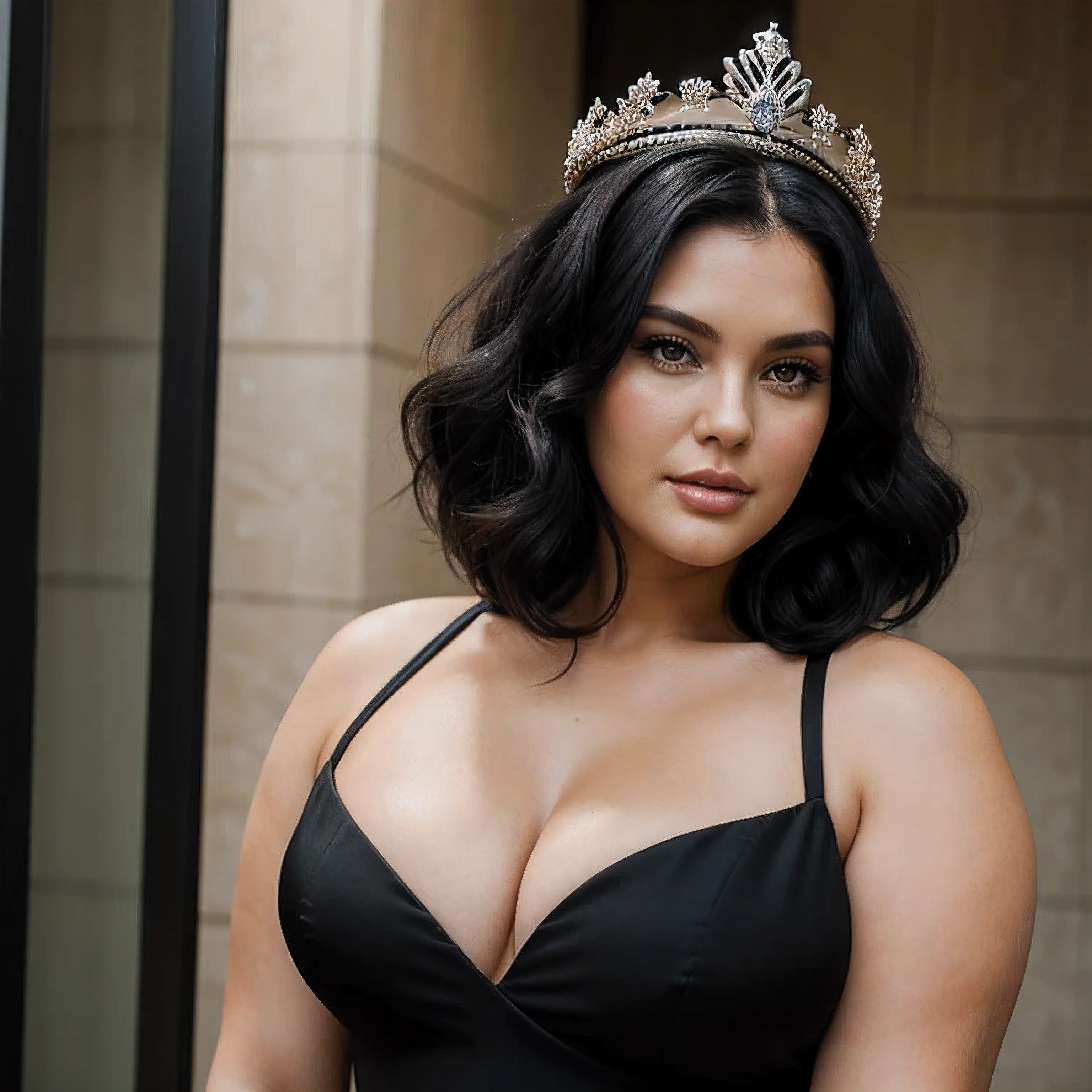 35 years old woman, plus size model, she has shoulder-length black hair, she wears bouffant dress and crown
